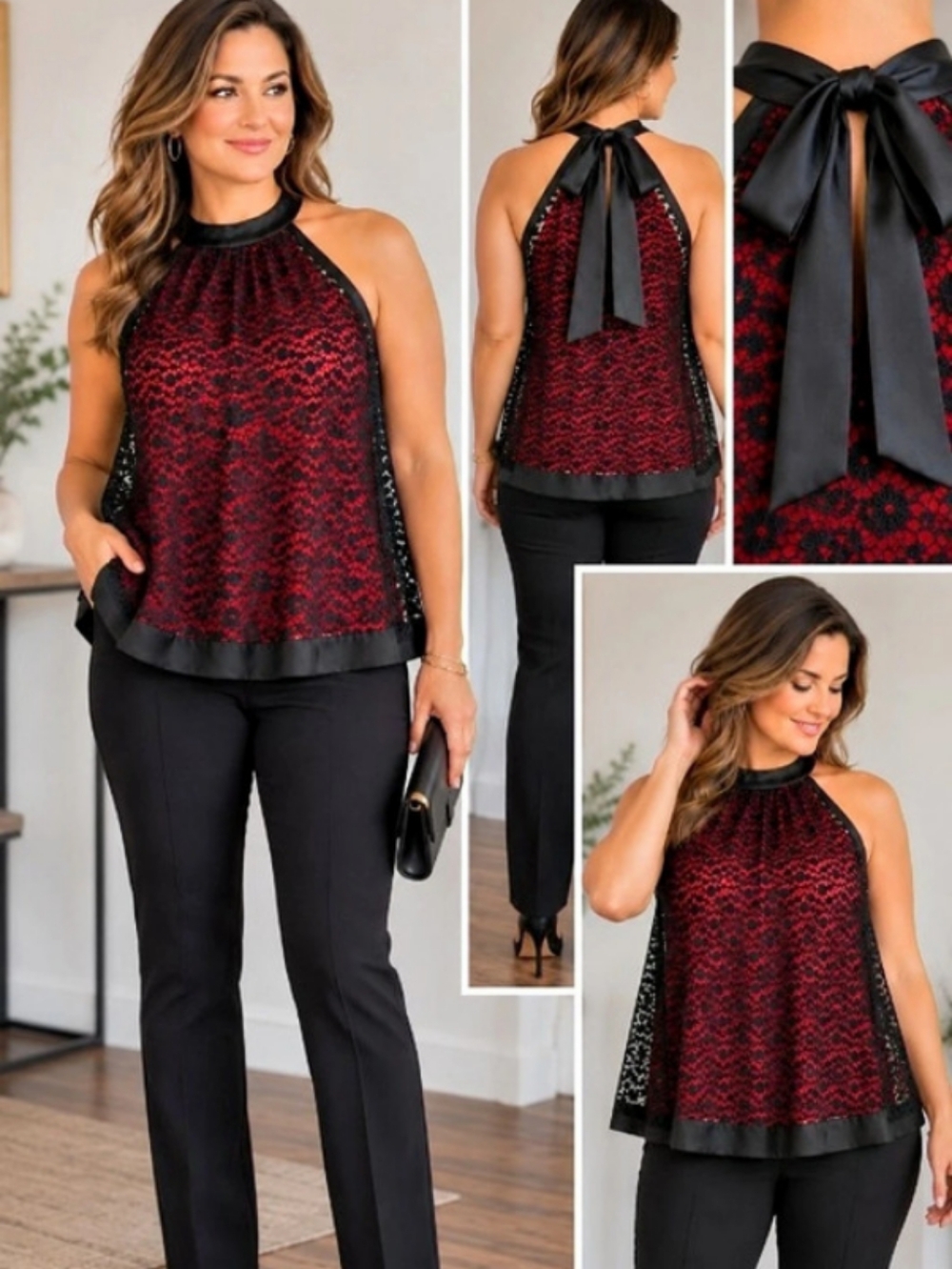 Nicole by Nicole Miller Red Black Lace Halter Tie Neck Party Blouse L